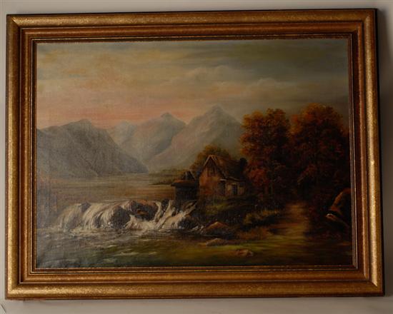 Appraisal: th C Oil on Canvas of Mountain Lake with Waterfall