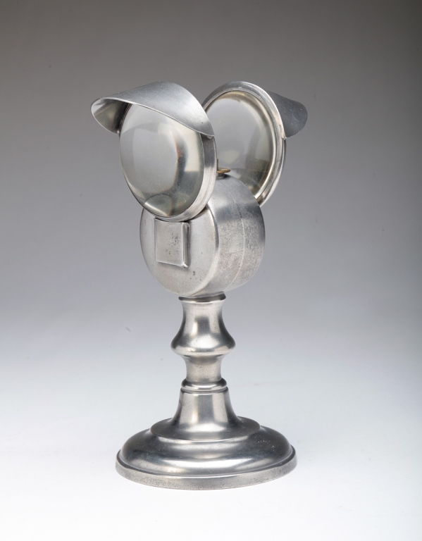 Appraisal: AMERICAN PEWTER BULL'S EYE OIL LAMP Unmarked example most likely