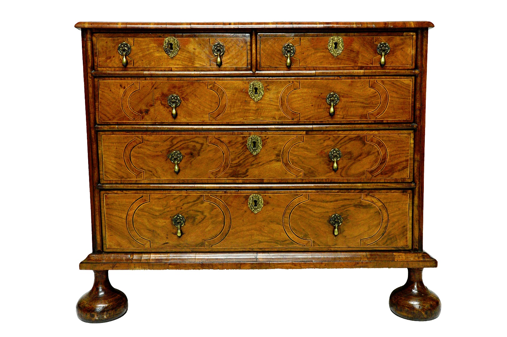 Appraisal: A William and Mary walnut chest the geometric inlaid top