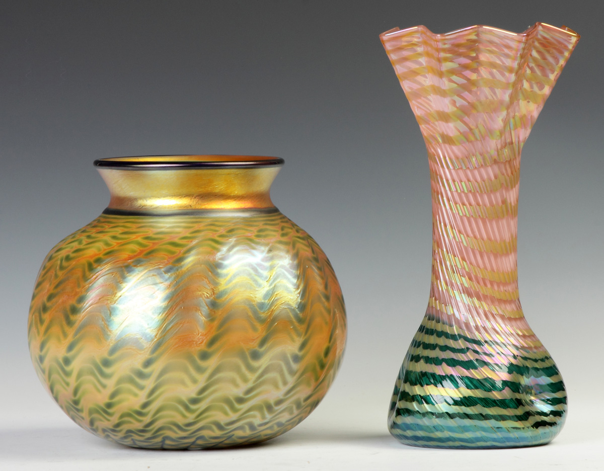 Appraisal: Lundberg Ribbed Decorated Iris Vase Sgn Lundberg Studios