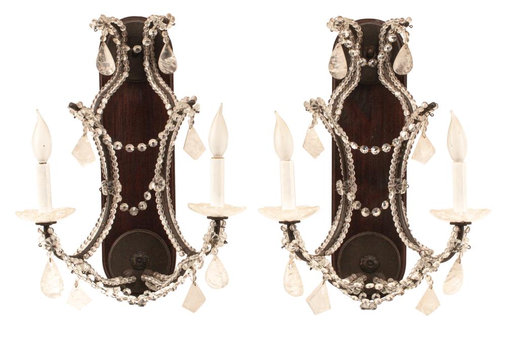 Appraisal: Pair of French Iron and Rock Crystal Two-Light Sconces th