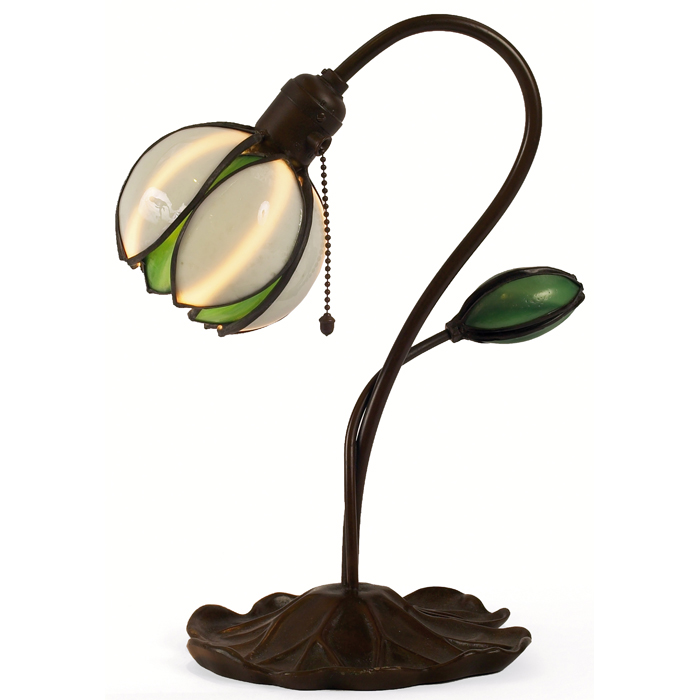 Appraisal: Handel lily lamp green and white shade on a lily