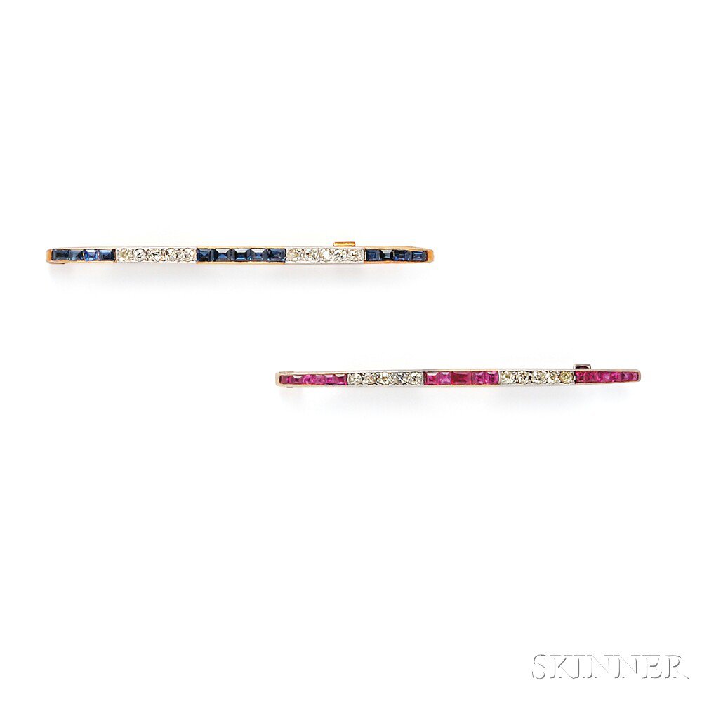 Appraisal: Two Edwardian Gem-set Bar Pins with channel-set rubies or sapphires