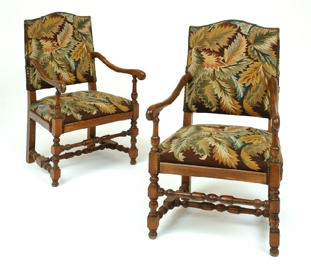 Appraisal: A PAIR OF LOUIS XV STYLE WALNUT ARMCHAIRS Each with