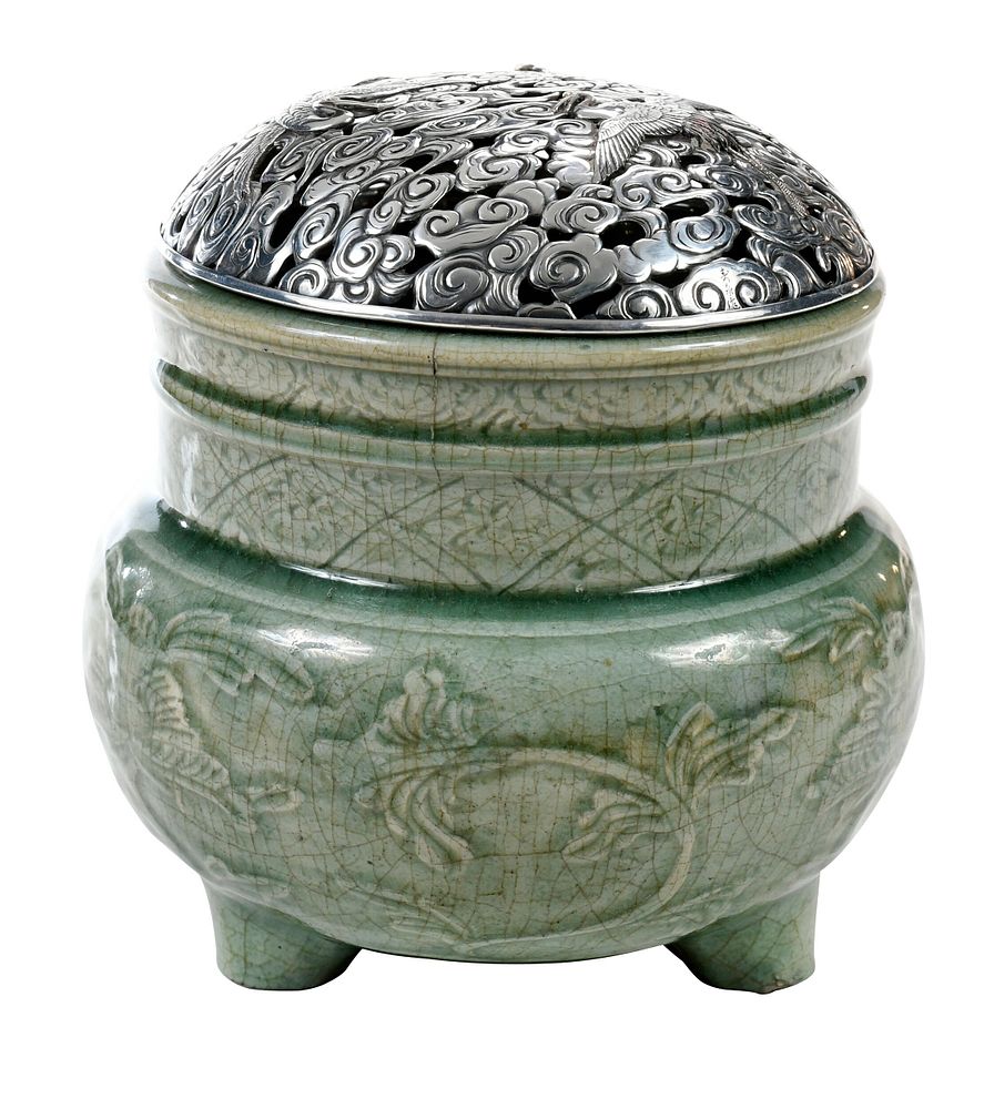 Appraisal: Chinese Longquan Celadon Censer with Silver Cover possibly early Ming