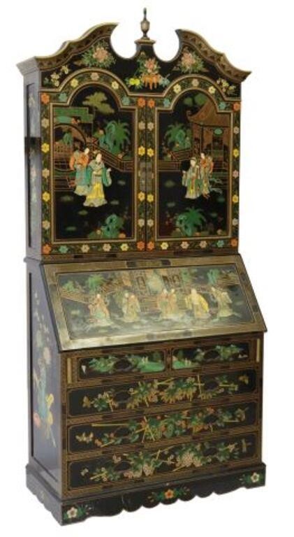 Appraisal: Chinoiserie lacquer secretary bookcase th c split pediment centering turned