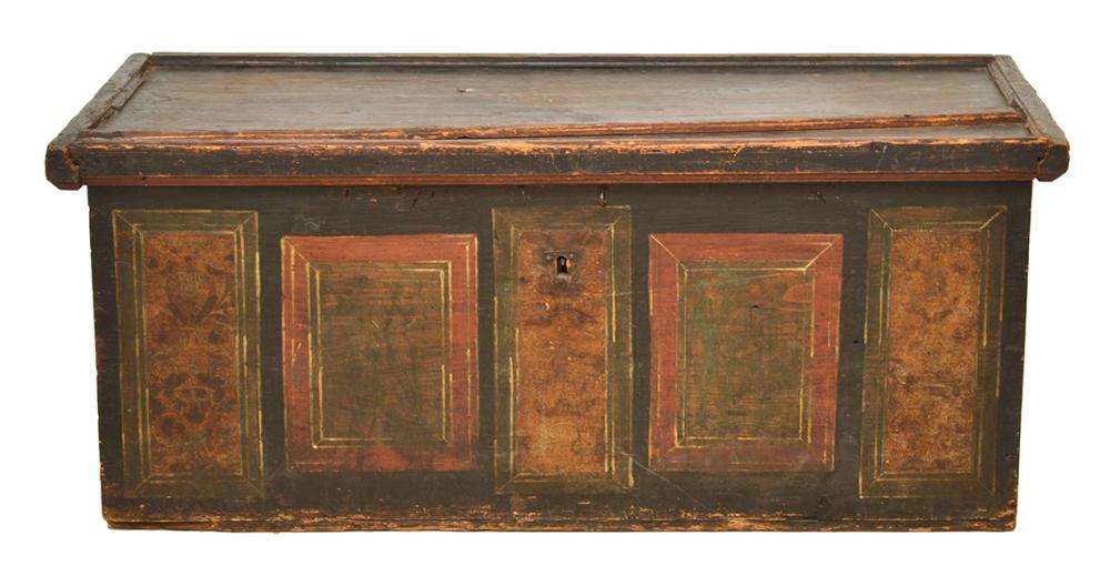 Appraisal: AN TH CENTURY PAINTED ELM AND PINE COFFER the top