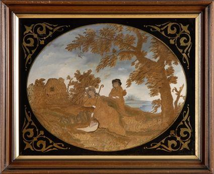 Appraisal: REGENCY STUMPWORK AND PAINTED OVAL PANEL Worked with a shepherdess