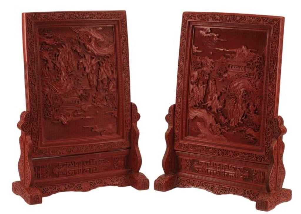 Appraisal: pair Chinese red lacquer cinnabar table screens on stands approx