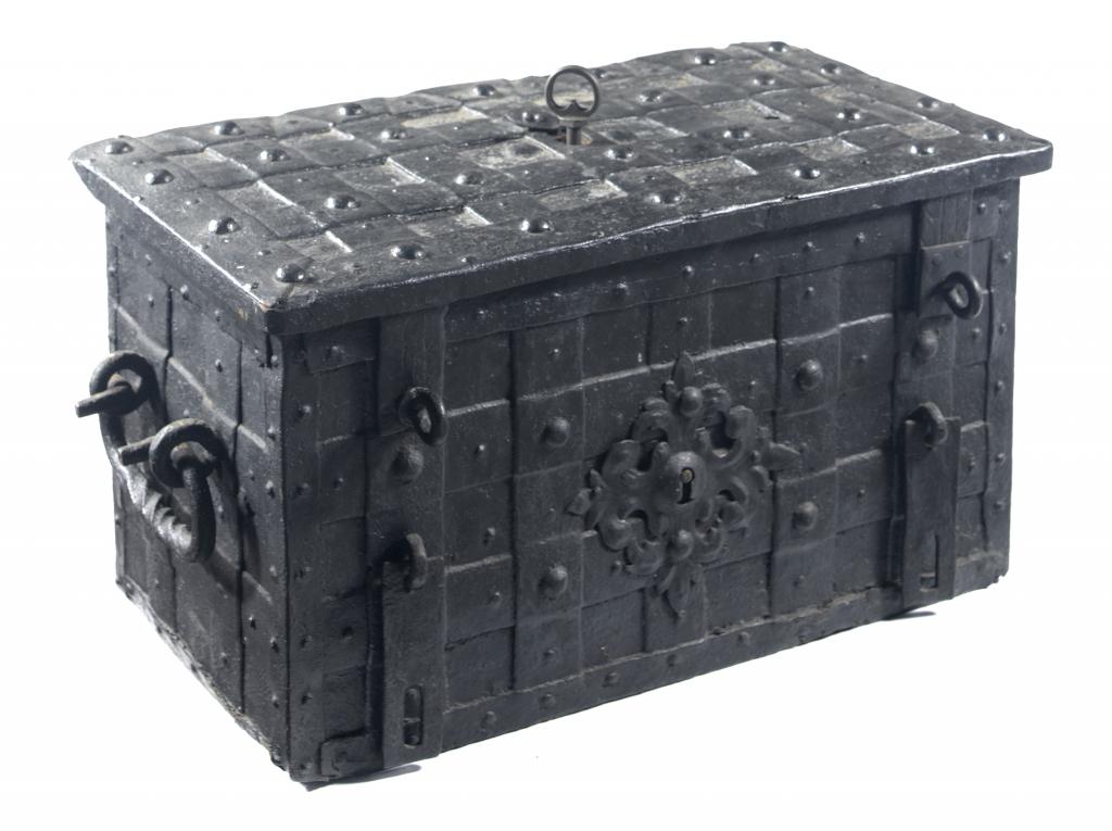 Appraisal: A GERMAN IRON STRONG BOX of braced and riveted construction