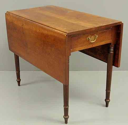 Appraisal: Sheraton tiger maple drop-leaf table c with a single drawer