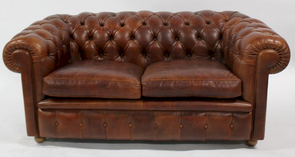 Appraisal: Fine Quality Vintage Leather Chesterfield Settee Great patina the best