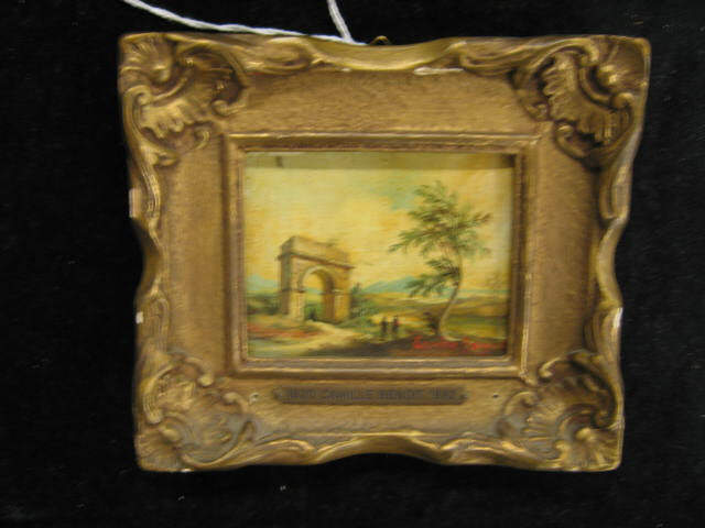 Appraisal: Camile Benoit Miniature Oil Painting landscape with ruins and figures