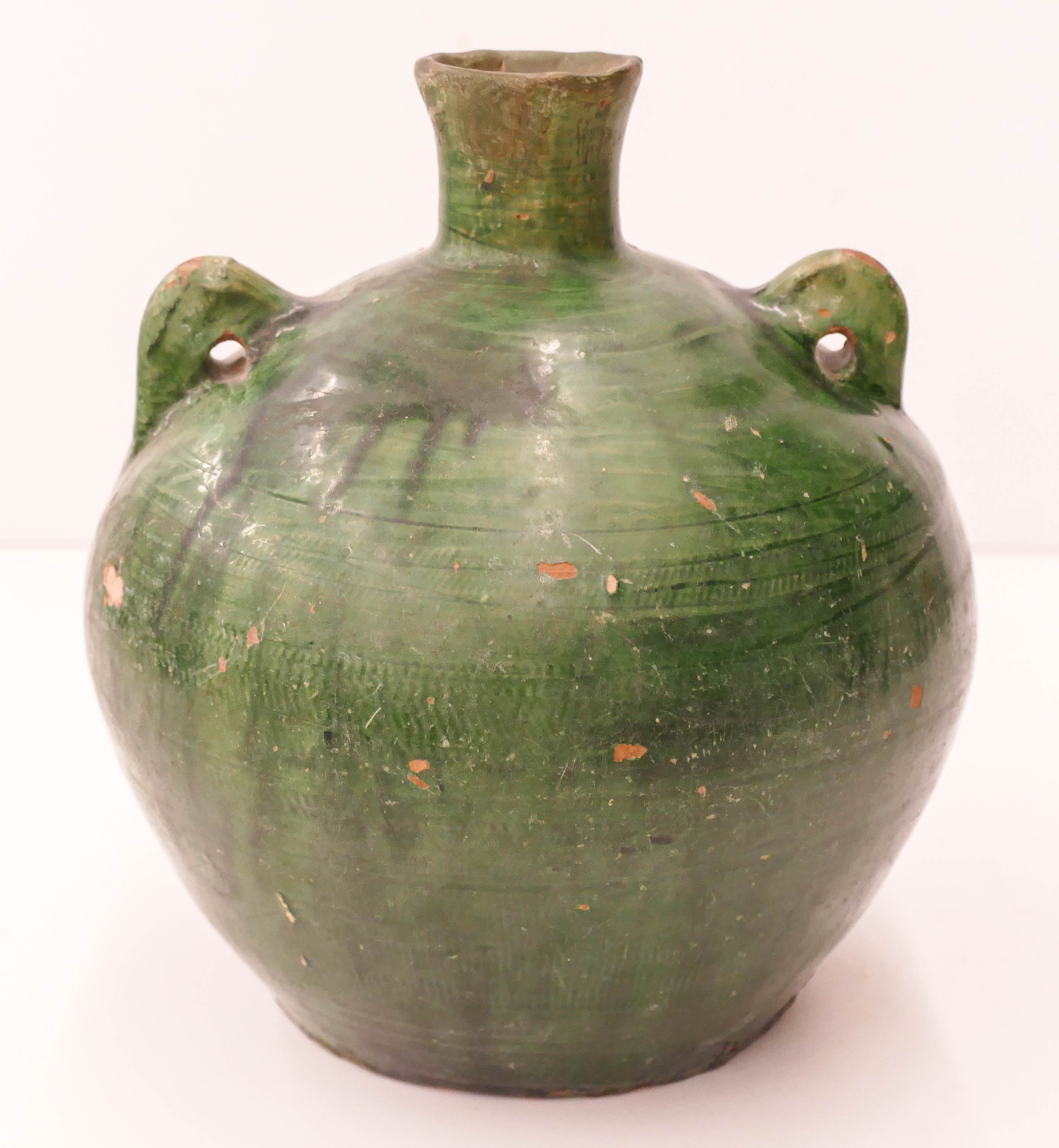 Appraisal: Chinese Ming Green Jar with Lugs ''x '' Unusual globular