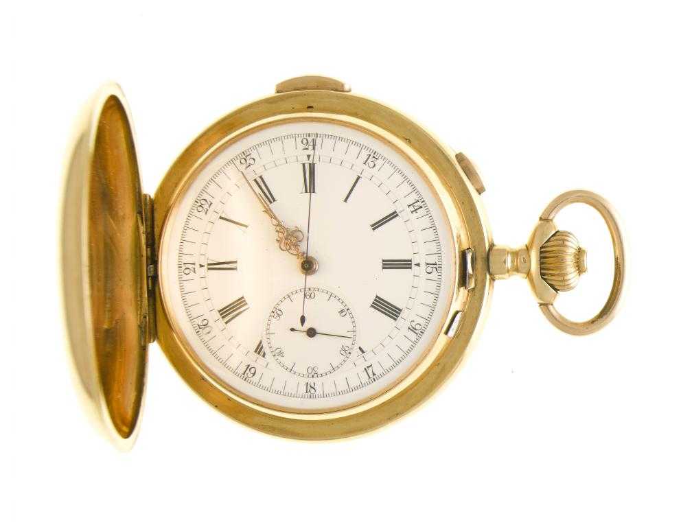 Appraisal: A SWISS GOLD KEYLESS LEVER HUNTING CASED QUARTER REPEATING CHRONOGRAPH