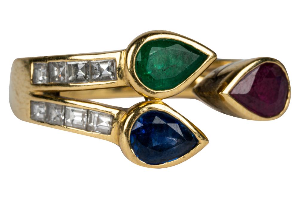 Appraisal: KARAT GOLD DIAMOND RUBY SAPPHIRE EMERALD RINGcontaining one pear shape