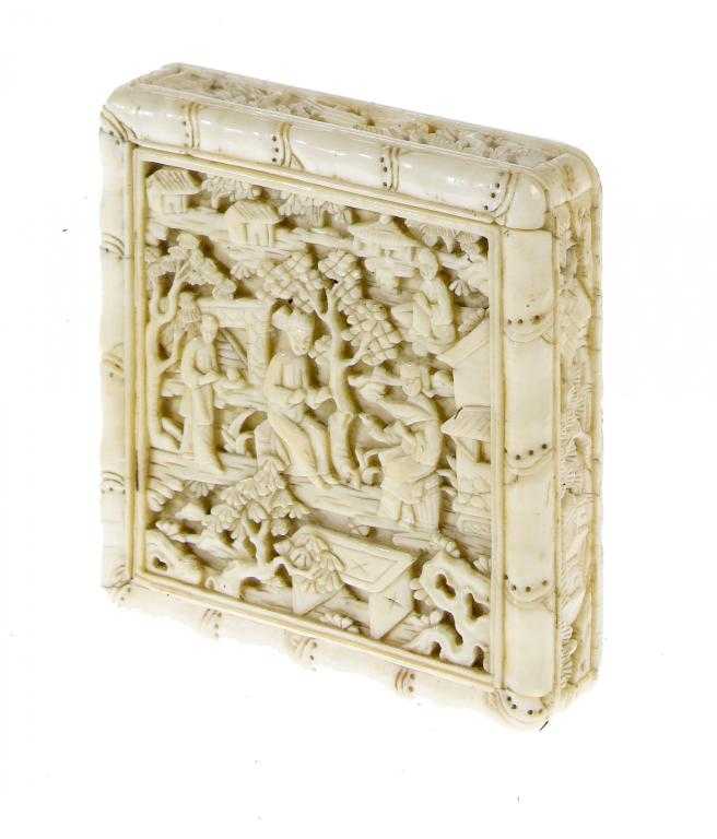 Appraisal: A CHINESE IVORY PUZZLE in a square box with sliding