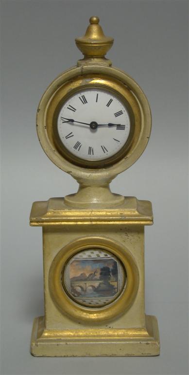 Appraisal: SWEDISH PAINTED ALABASTER MANTEL CLOCK Circular clock face below gilt