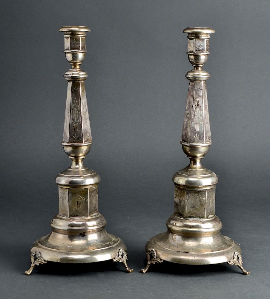 Appraisal: Judaica Continental Silver Shabbat Candlesticks Pr Judaica Austrian-Hungarian Continental silver