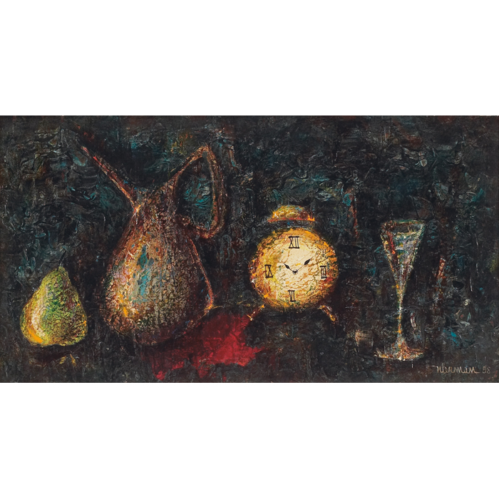 Appraisal: Leonardo Nierman Mexican b ''Clock Still Life '' oil onmasonite