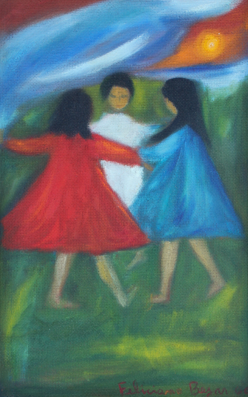 Appraisal: BEJAR Feliciano Mexican - ''Tres Ninas Jugundo'' Oil Masonite ''