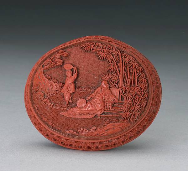 Appraisal: A peach-form cinnabar lacquer box th Century Its exterior walls