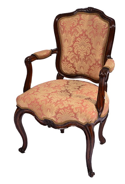 Appraisal: A LOUIS XV STYLE CHESTNUT FAUTEUIL with upholstered back arm