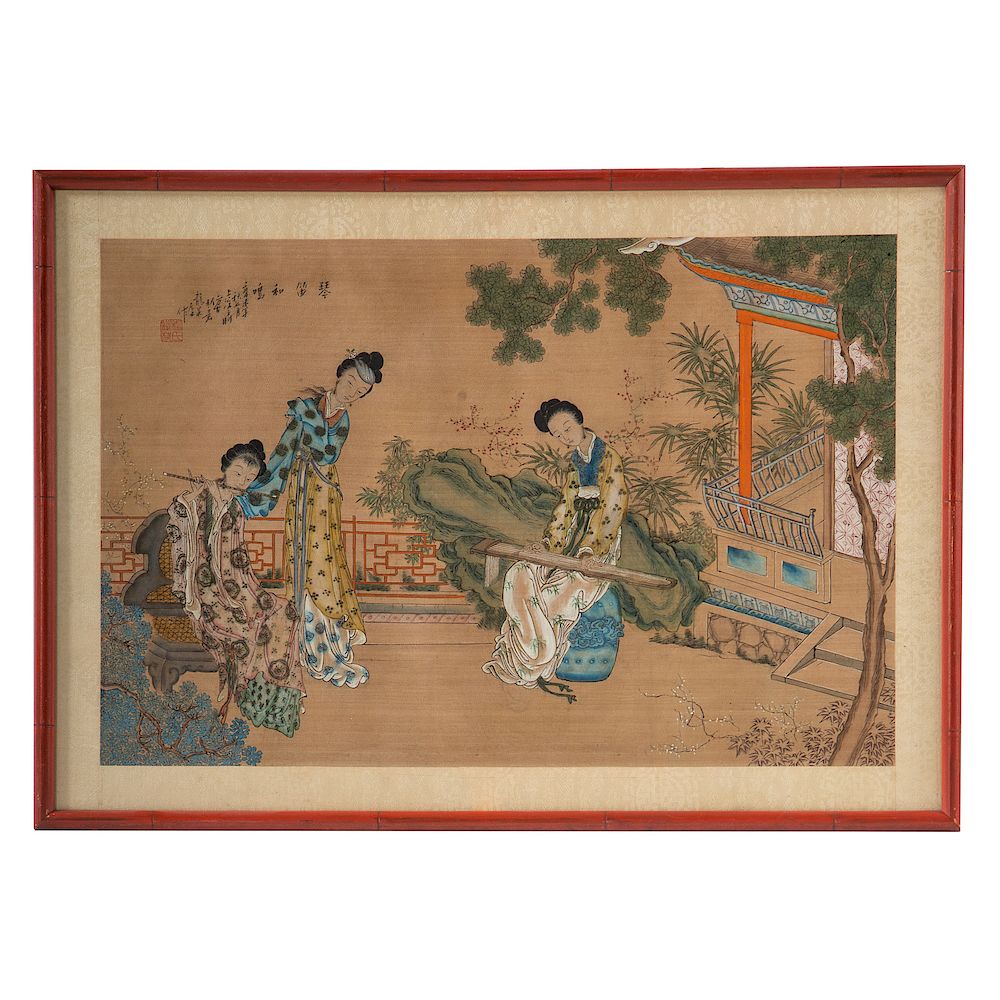 Appraisal: Chinese School th Century Gouache maidens in garden colored pigment