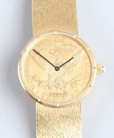 Appraisal: KY gold Corum watch stamped Coin Dollar Liberty coin dial