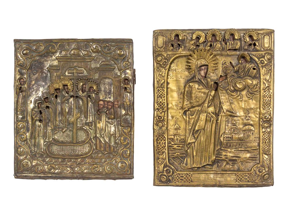 Appraisal: Two Russian Brass Oklad Icons Exaltation of the Cross and