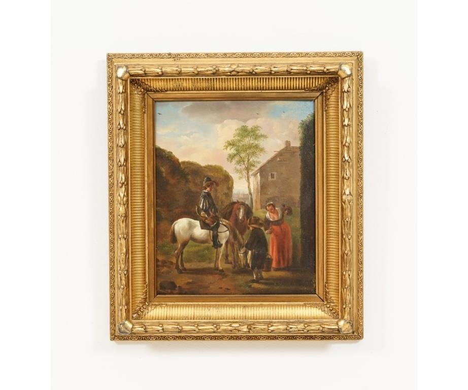 Appraisal: Continental oil on panel of a man on horse stopping