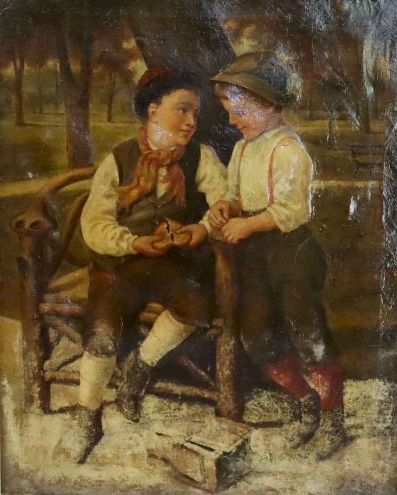 Appraisal: J G Brown Signed Oil On Canvas Boys Breaking Bread