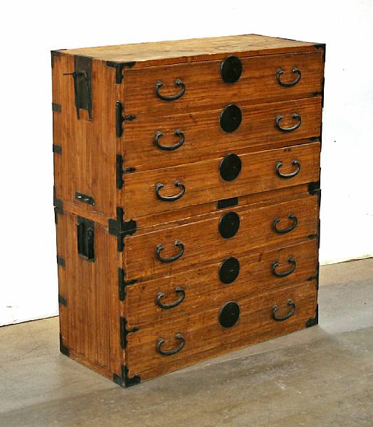 Appraisal: A two-section kiri-wood tansu Each section with a stack of