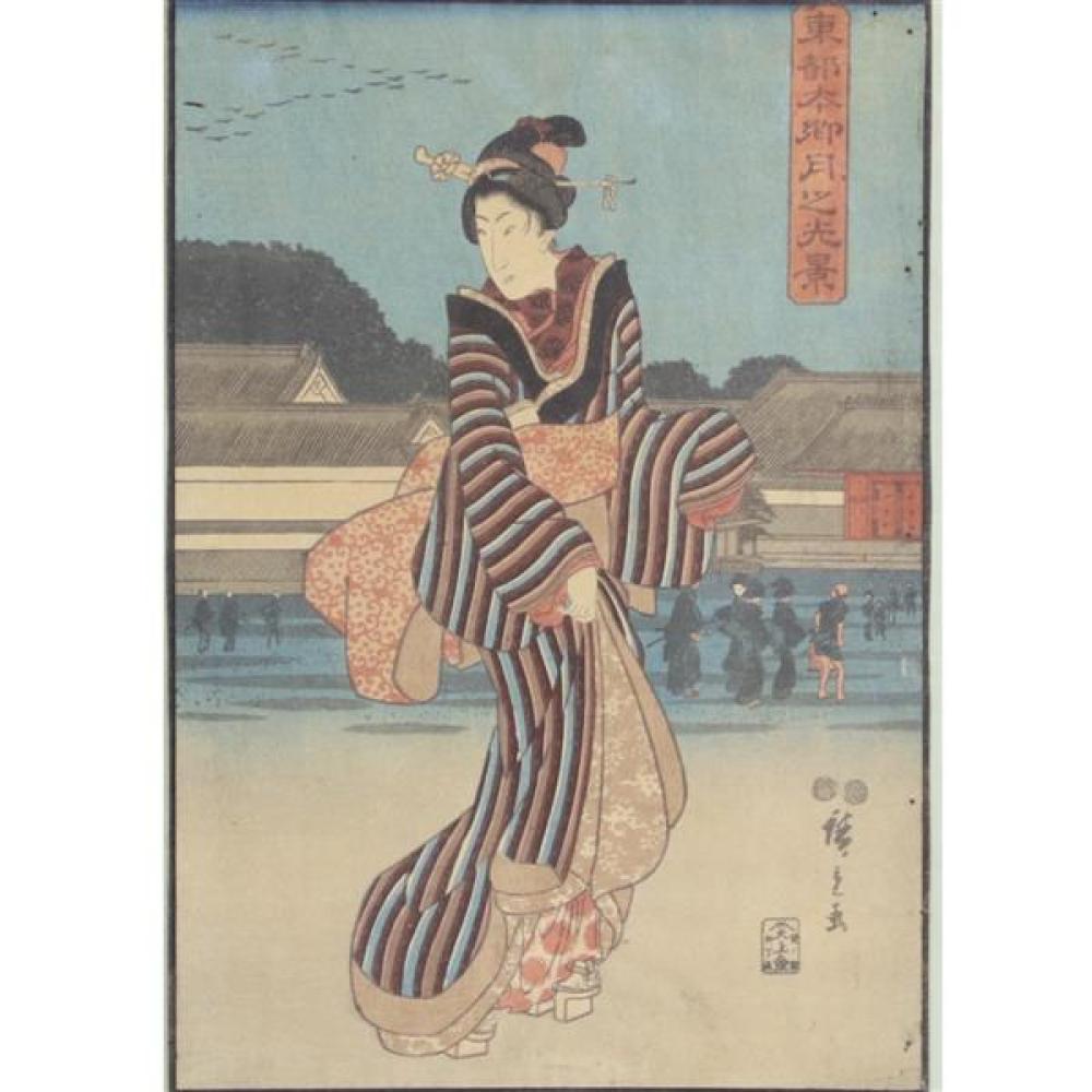 Appraisal: ANDO HIROSHIGE - WOMAN WITH SCENE OF FIGURES IN BACKGROUND