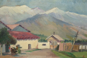 Appraisal: European school early-mid th century- Mountain village scene oil on