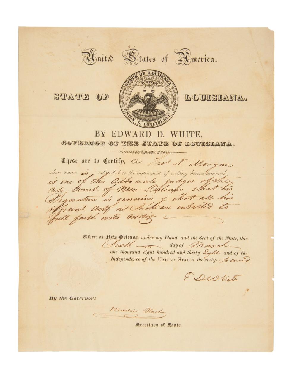 Appraisal: Republic of Texas Louisiana Governor Edward White Signed Documents three