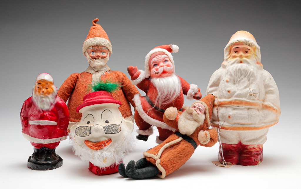 Appraisal: SIX SANTAS Twentieth century Including three papier mache one felt