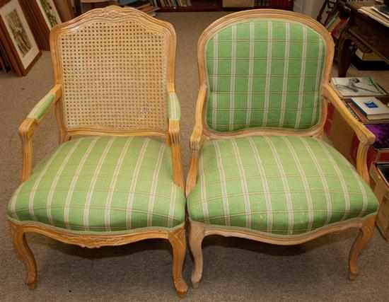 Appraisal: Pair of Louis XV style pickled wood cane back fauteuils