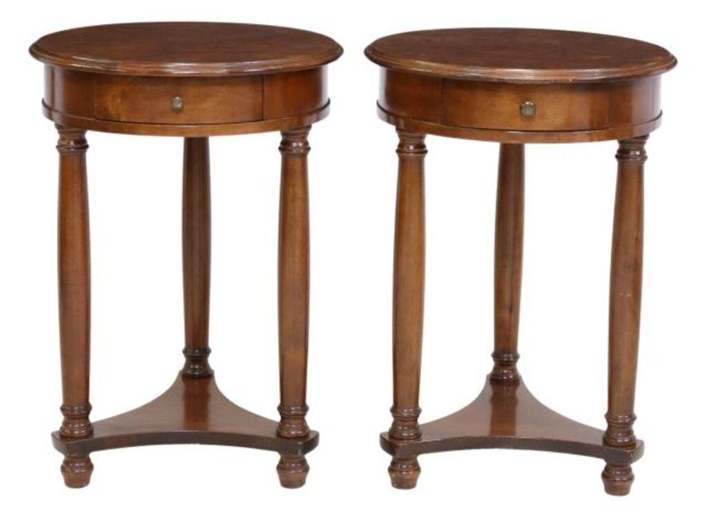 Appraisal: pair French Empire style side tables th c circular burlwood