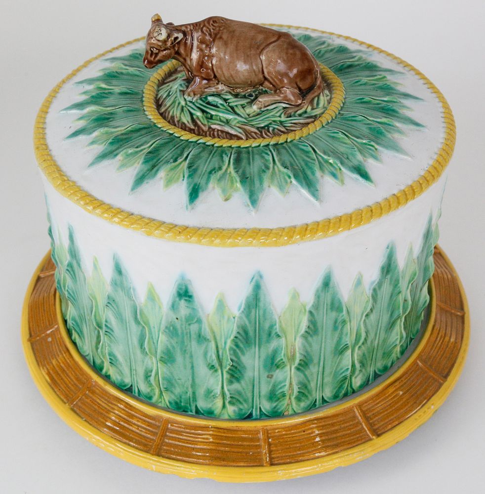 Appraisal: Majolica Ceramic Cheese Dome with Cow Finial Majolica Ceramic Cake