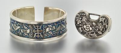 Appraisal: A Japanese Silver and Enamel Cuff Bracelet and Box Cuff