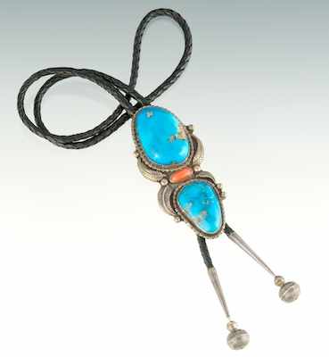 Appraisal: A Native American Bisbee Blue Turquoise and Coral Bolo Tie