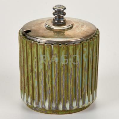 Appraisal: ARNE BANG BRATLAND Ribbed stoneware marmalade jar with sterling silver