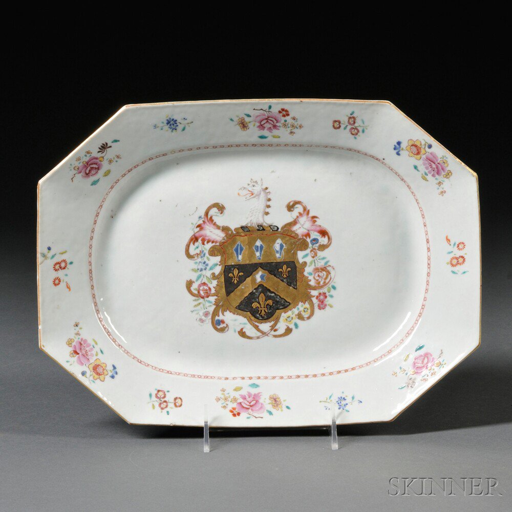 Appraisal: Chinese Export Porcelain Armorial Platter c chamfered rectangular form centered