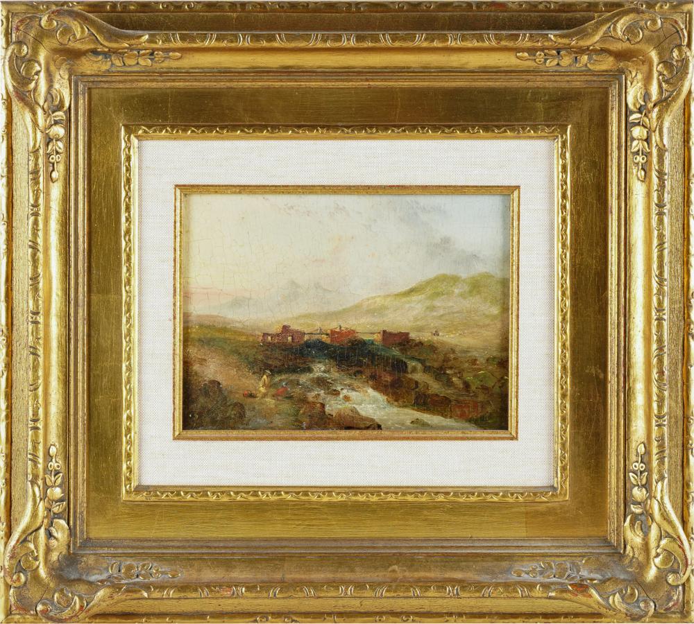 Appraisal: ENGLISH SCHOOL FIGURES IN A LANDSCAPEoil on board illegible signature