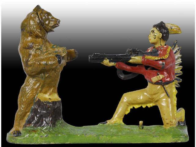 Appraisal: Cast Iron Indian Shooting Bear Mechanical Bank Description Manufactured by