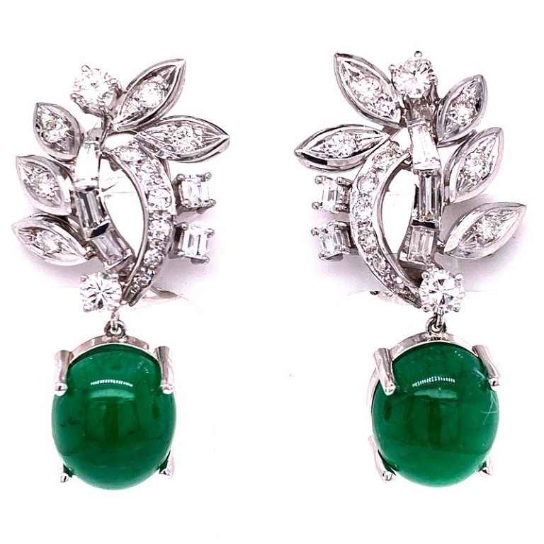 Appraisal: Diamond Cabochon Emerald Drop White Gold Earrings Diamond Cabochon Emerald