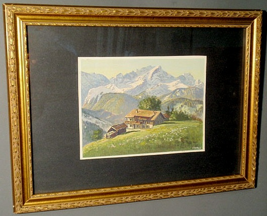 Appraisal: Gouache landscape painting of the alps with a chalet signed