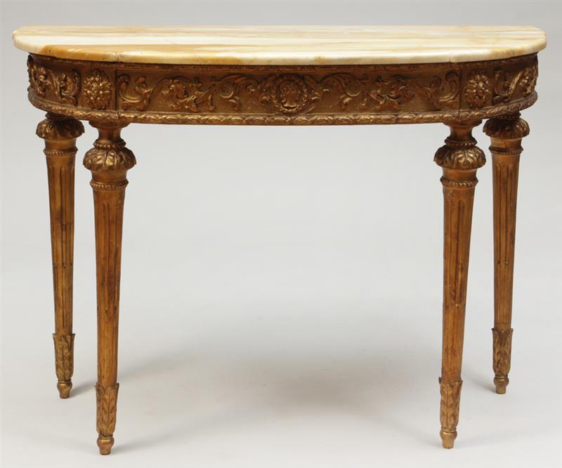 Appraisal: Louis XVI Giltwood D-Shaped Console With a marble top rebacked