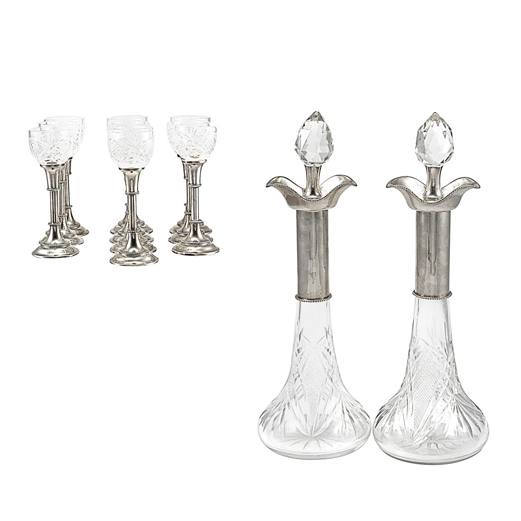 Appraisal: Austrian Silver Mounted Cut Glass Liqueur Set Vienna Comprising a